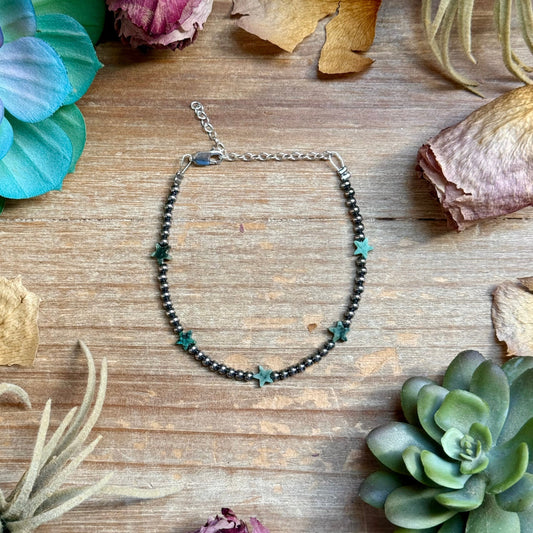 African Turquoise Onyx Star Bracelet with Sterling Silver Pearls