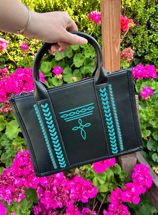 Montana West Whipstitch Concealed Carry Tote With Matching Bi-Fold Wallet - Black/Turquoise