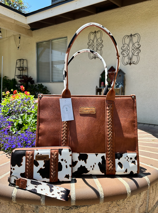 Large Wrangler Cow Print Tote w/ Full-Size Zip Wallet - Brown